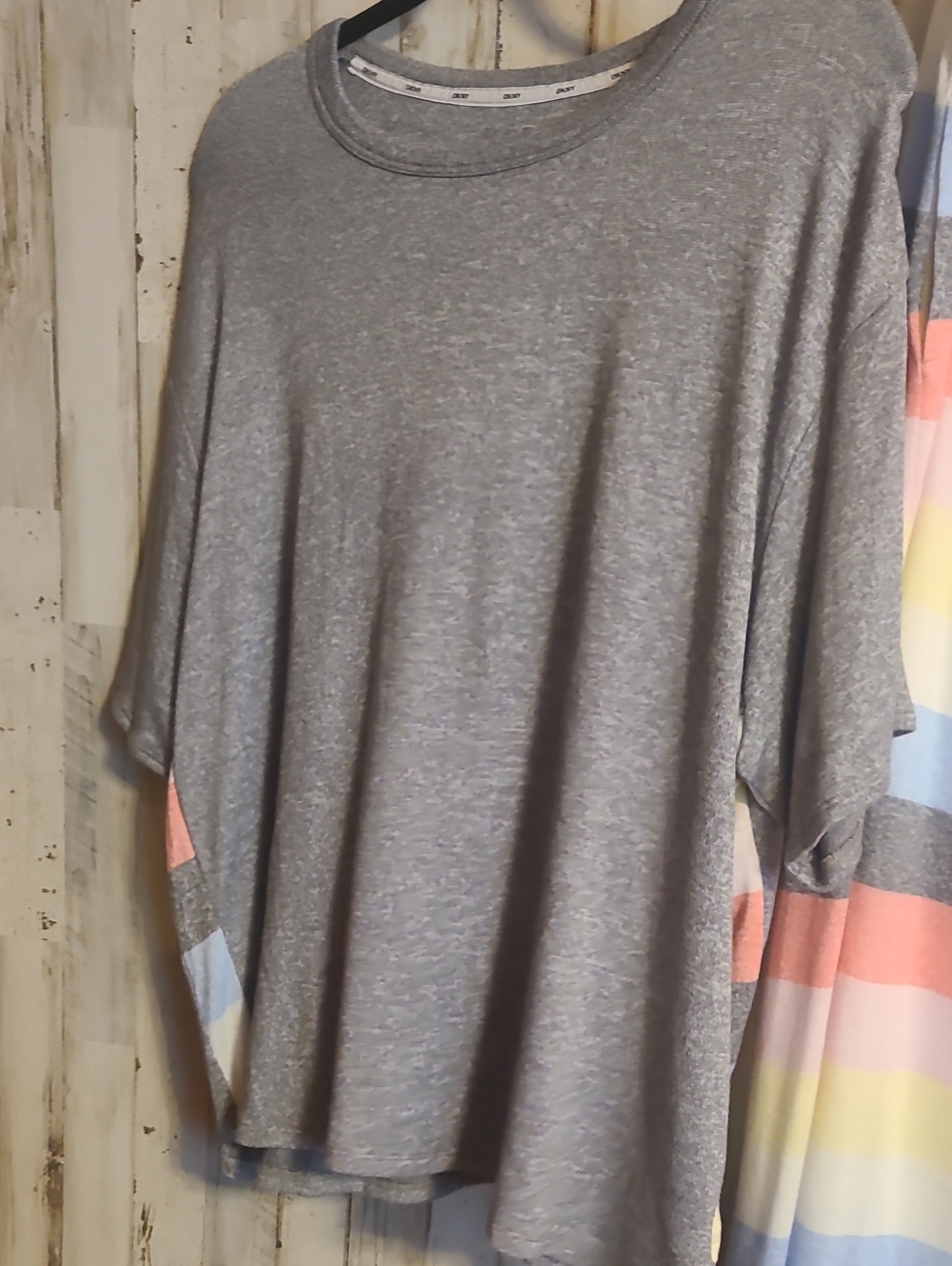 Dkny Cozy Gray Top with Pastel Striped Lounge Pants Set - Picture 4 of 7